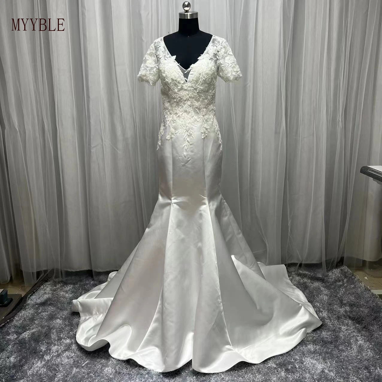 

Real Photo Mermaid Wedding Dresses Short Sleeves Vestido Novia Detachable V-neck Bridal Gown Lace Appliques Robe De Mariée