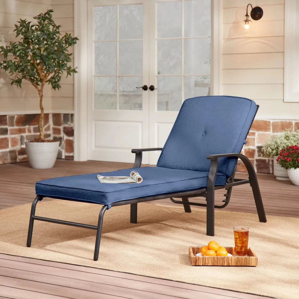 

Cushion Steel Outdoor Chaise Lounge - Navy/Black，Outdoor Recliner, beach recliner, living room recliner, garden recliner