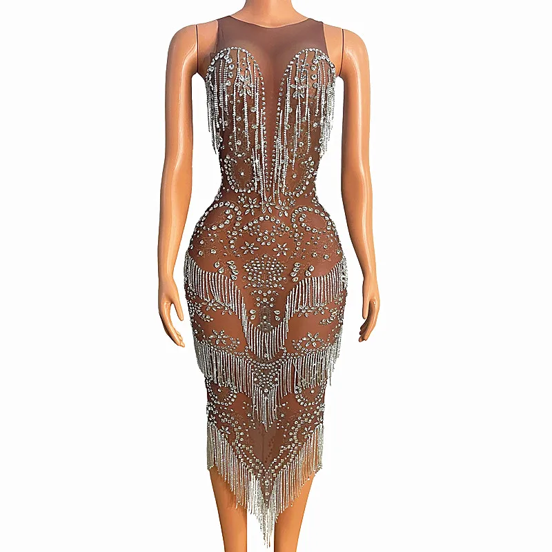 

Sparkly Rhinestones Fringes Mesh See Through Dress Women Celebrate Prom Evening Gown Birthday Dress Sexy Show Stage Wear