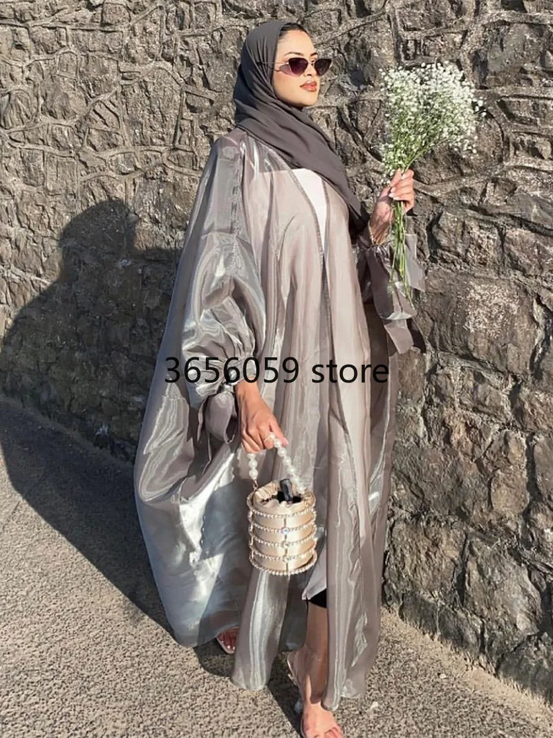 Лето Eid Djellaba Abaya Дубай блестящее мягкое мусульманское платье с пышными рукавами