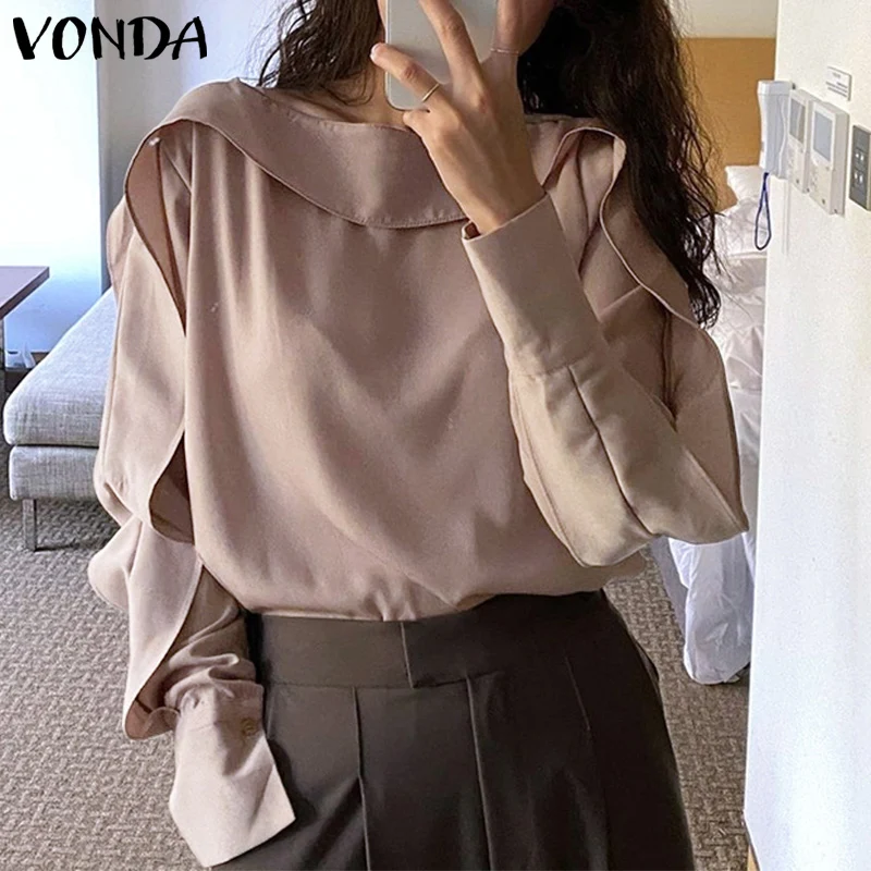 

VONDA 2022 Casual Women Shirts Vintage Long Sleeve O Neck Solid Color Blouse Sexy Ovesized Shirts Ruffle OL Office Tops Feminina