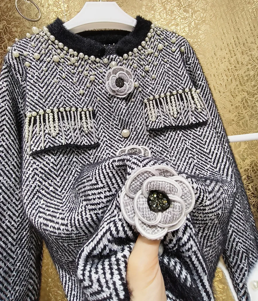 

Heavy Industry Winter Beaded Tassel Pearl Mink Jacket Women Small Fragrant Flower Thickened Outwear