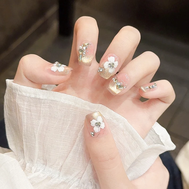 10 шт. милые накладные ногти ручной работы с цветком глянцевые алмазные полное