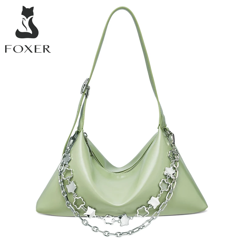 FOXER Women Fashion Shoulder Underarm Bags Split Leather Luxury Evening Shoulder Purse Party Saddle Bag for Lady Summer Handbag