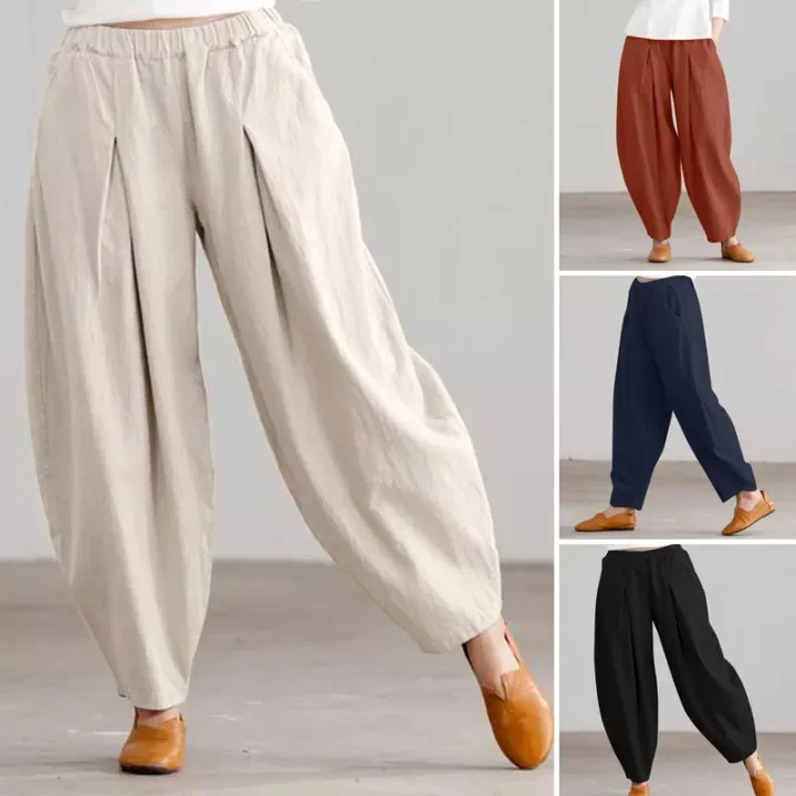 2022 European and American summer AliExpress women's simple casual cotton linen harem wide leg trousers elastic  waist pants