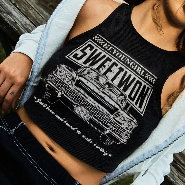 

Sunny Y.j.2022 Summer Black Skinny Ultra-short Tank Top Women Streetwear Old Retro Car Print Crew Neck Vest Women Y2k Crop Top