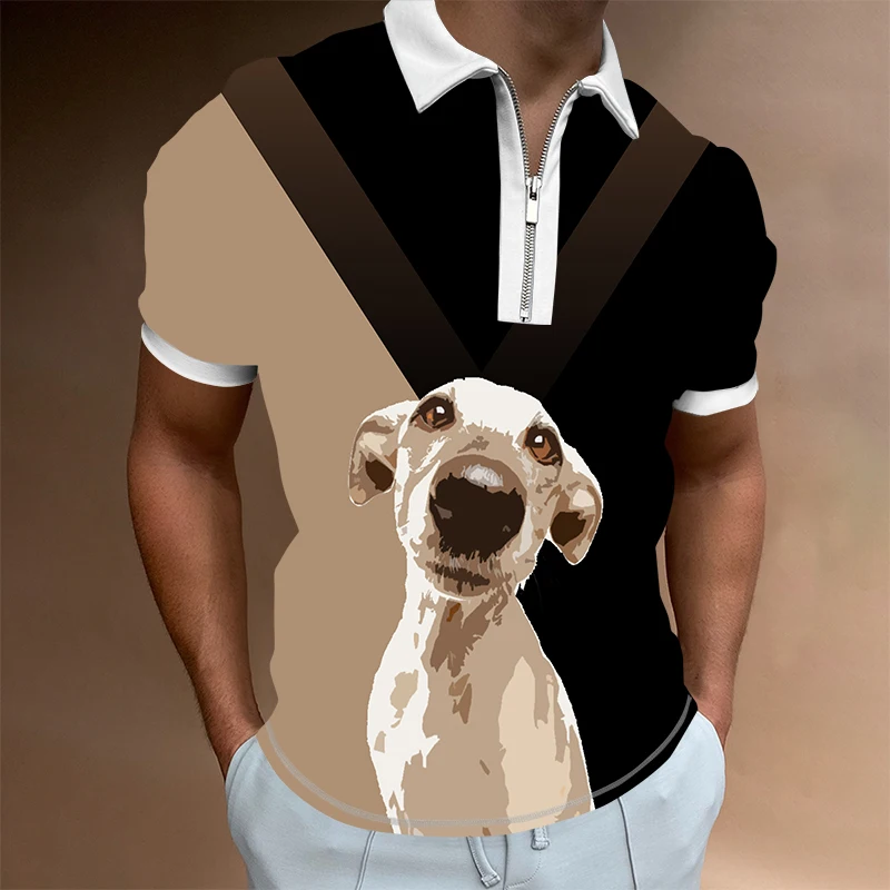 

Рубашка-поло мужская с 3D-принтом собаки, Стильная сорочка с короткими рукавами, Повседневная дышащая рубашка с лацканами, на молнии, лето