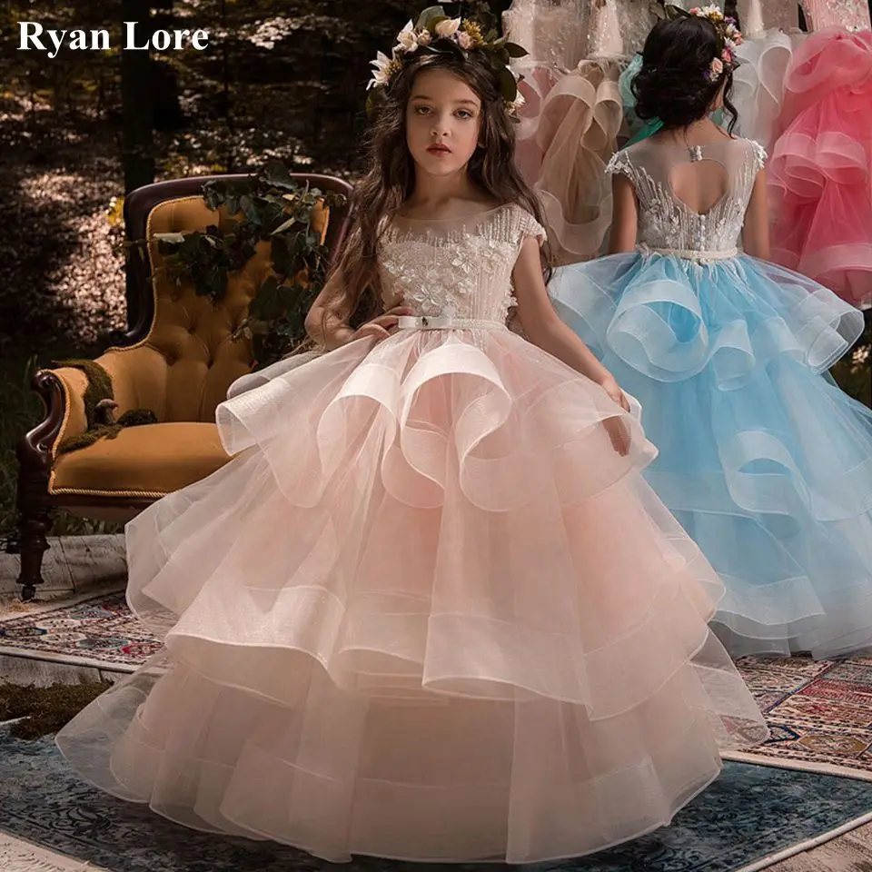 

Elegant Ruffles Ball Gown Flower Girl Dresses Pink Appliques Kids Princess For wedding Pageant Gowns Vestidos De Fiesta
