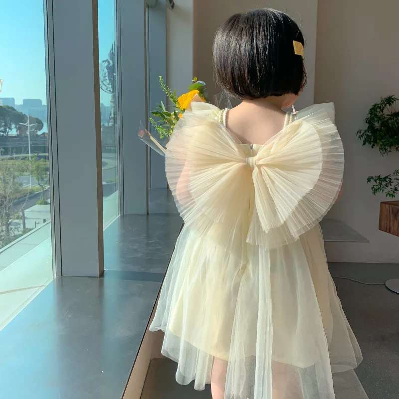 

MILANCEL 2022 Summer New Girls Dress Mesh Oversized Bow Flying Sleeves Children Dress 2-6Y