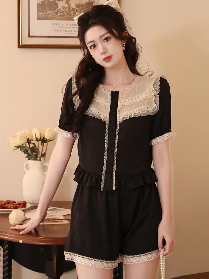 French Silk Pajamas Two Piece Suits Vintage Lace Ruffles Kawaii Shirt and Shorts Victorian Nightgowns Women Summer Sleepwear