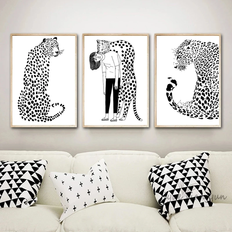 

Canvas Painting Leopard Girl Nordic Modern Wall Art Poster Black White Posters and Prints Wall Pictures for Living Room Decor