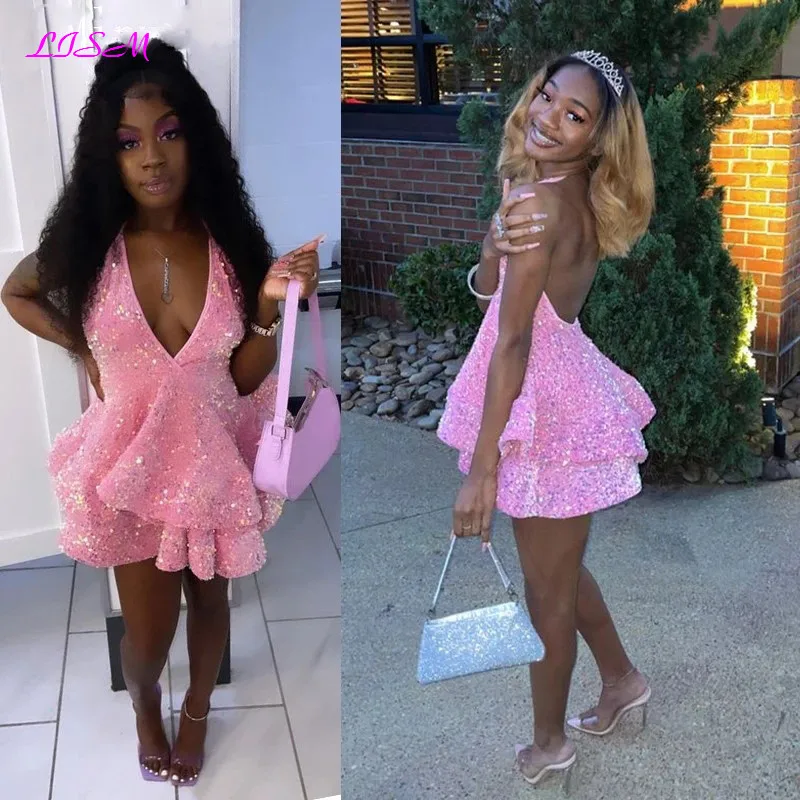 

Sexy Pink Sequined Short Prom Dresses Halter Tiered Mini Homecoming Cocktail Dress Sleeveless Birthday Party Gowns
