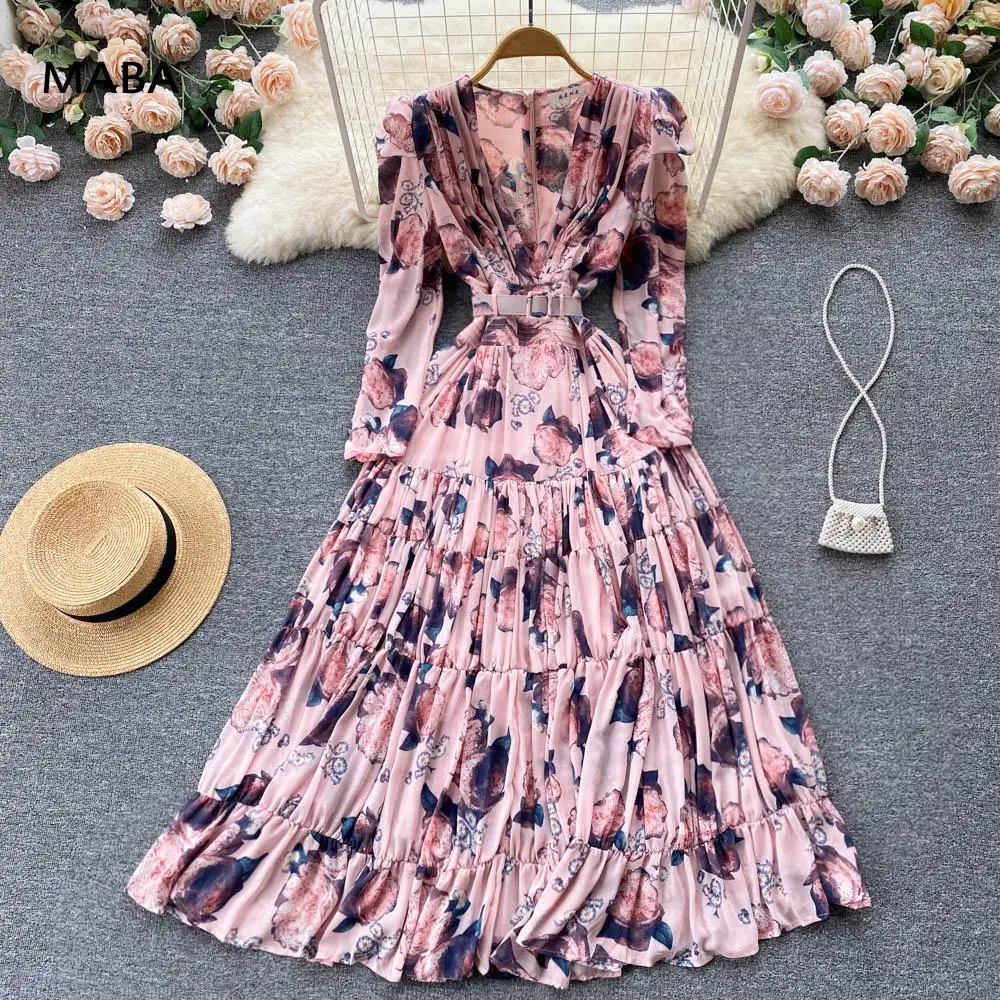 

High Quality Autumn Women Floral Print Temperament Long Dress Deep V-neck Puff Long Sleeve Luxury Streetwear Chiffon Maxi Dress