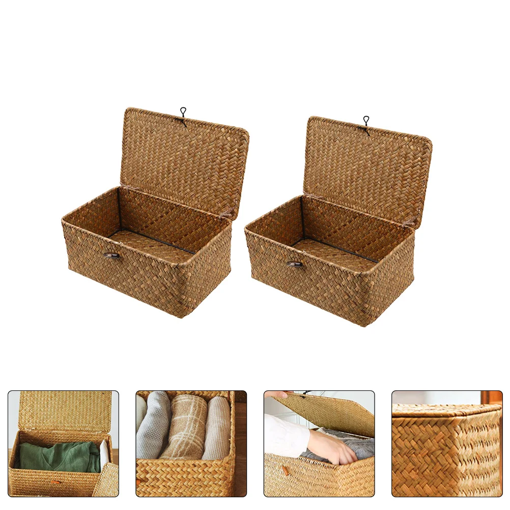 

Storage Basket Woven Baskets Bins Wicker Organizerlid Seagrass Rattan Bin Shelf Box Straw Rectangularwardrobe Seaweed Case