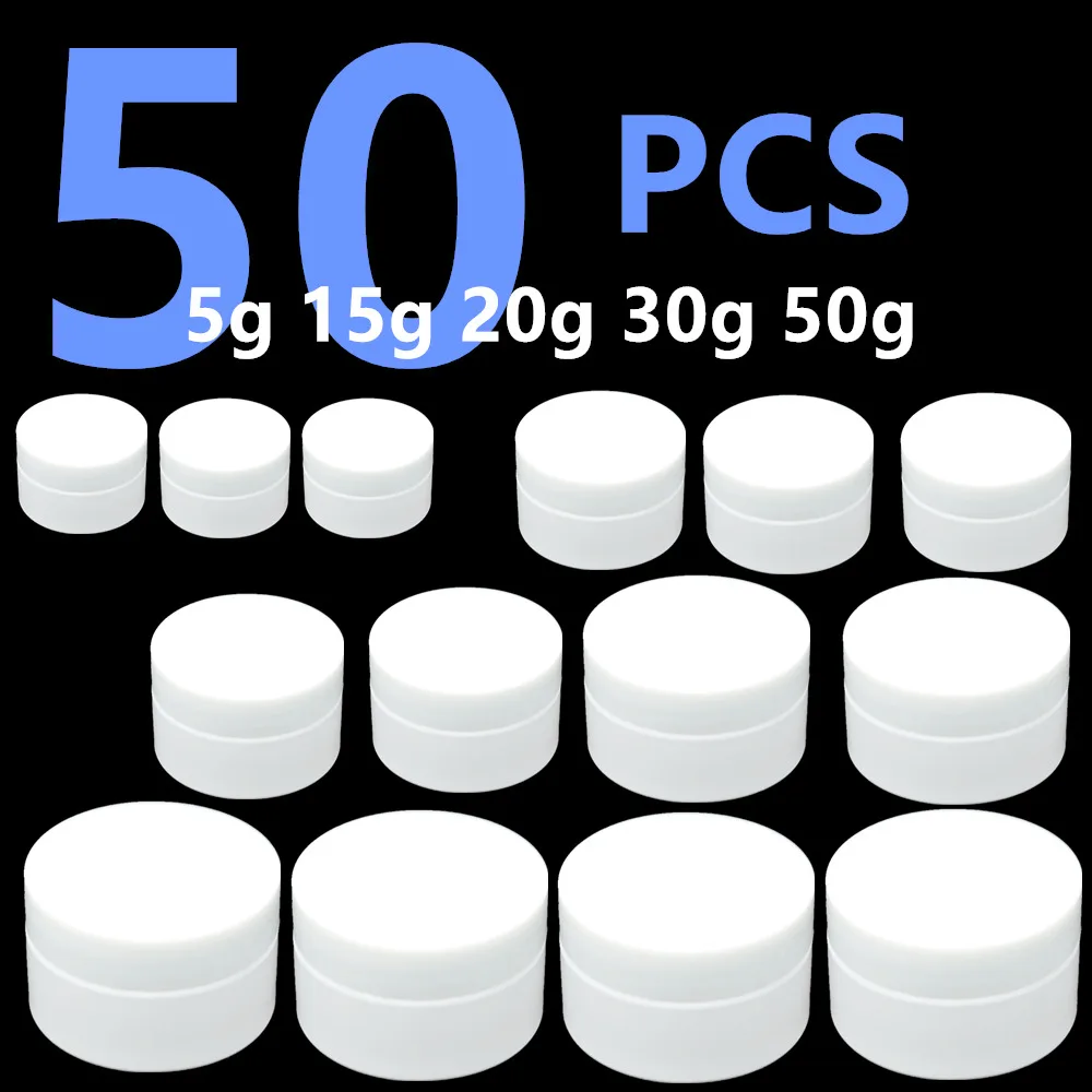 

50pcs 5/15/20/30/50g White Plastic Round Empty Makeup Jar Pot Travel Face Cream Lotion Cosmetic Container Refillable Bottles