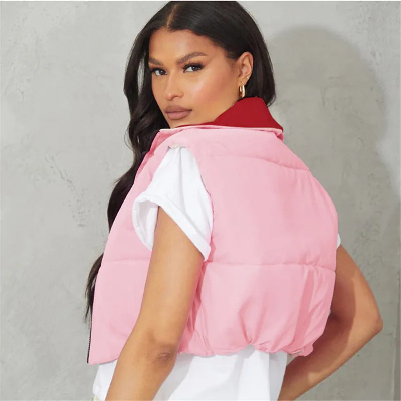 2021 Autumn New Women Cotton Short Vest Zip Up Sleeveless Stand Collar Fashion Streetwear Bubble Puffer Coat Female