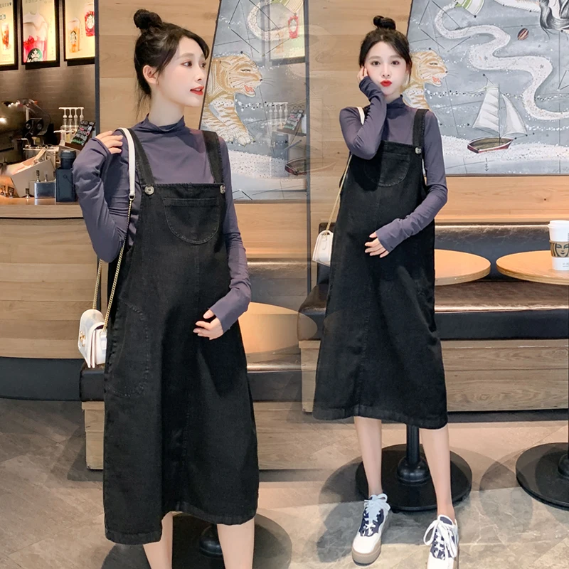 

9020# 2022 Autumn Fashion Denim Maternity Bib Dress Bottoming Shirt Sets Casual Loose Clothes for Pregnant Women Ins Pregnancy
