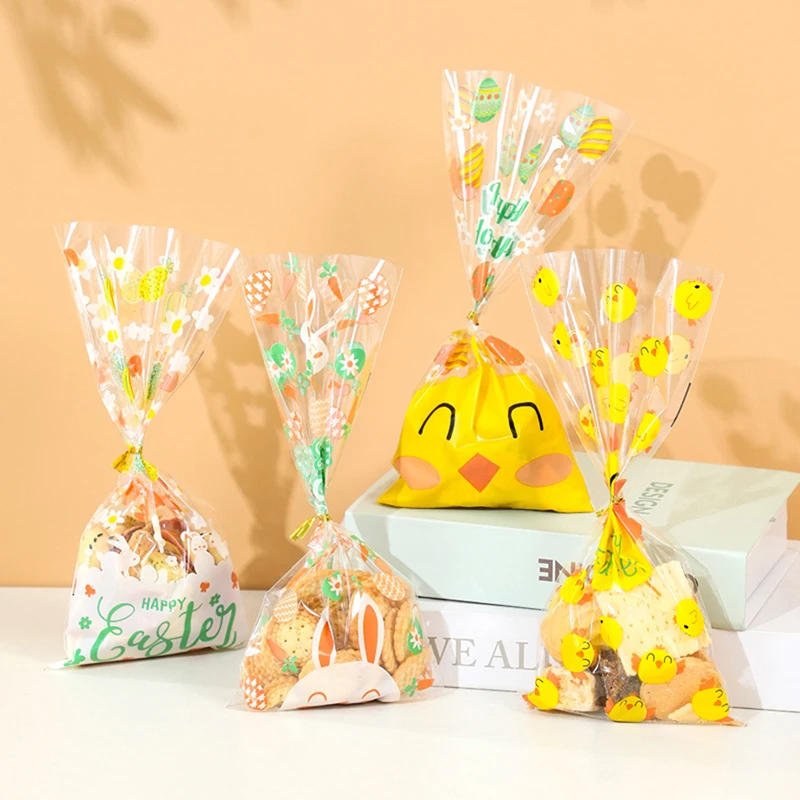 50Pcs Easter Gift Bags with Tie Wire Easter Candy Cookie Bags Cute Bunny Eggs Plastic Packaging Pouch Happy Easter Decorations