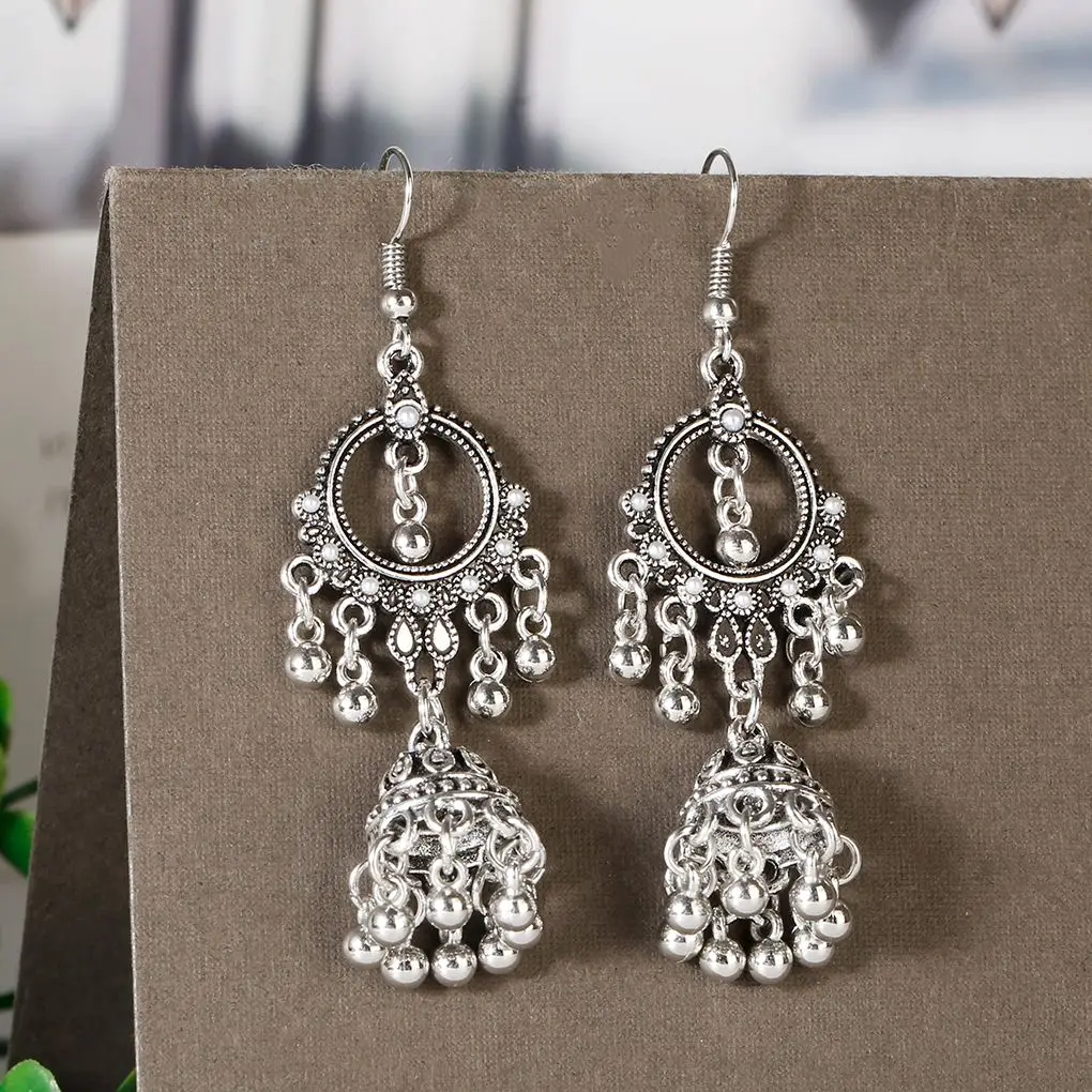 

Classic Women Silver Color Earrings Round Geometric Turkey Bijoux Retro Boho Beaded Tassel Earrings Ethnic Tribe Indian Jewelry