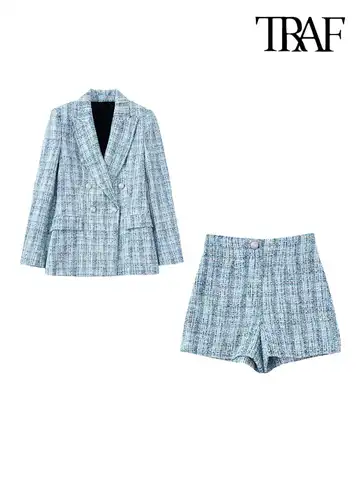Женский твидовый комплект из двух предметов, двубортный пиджак и шорты на молнии с высокой талией
