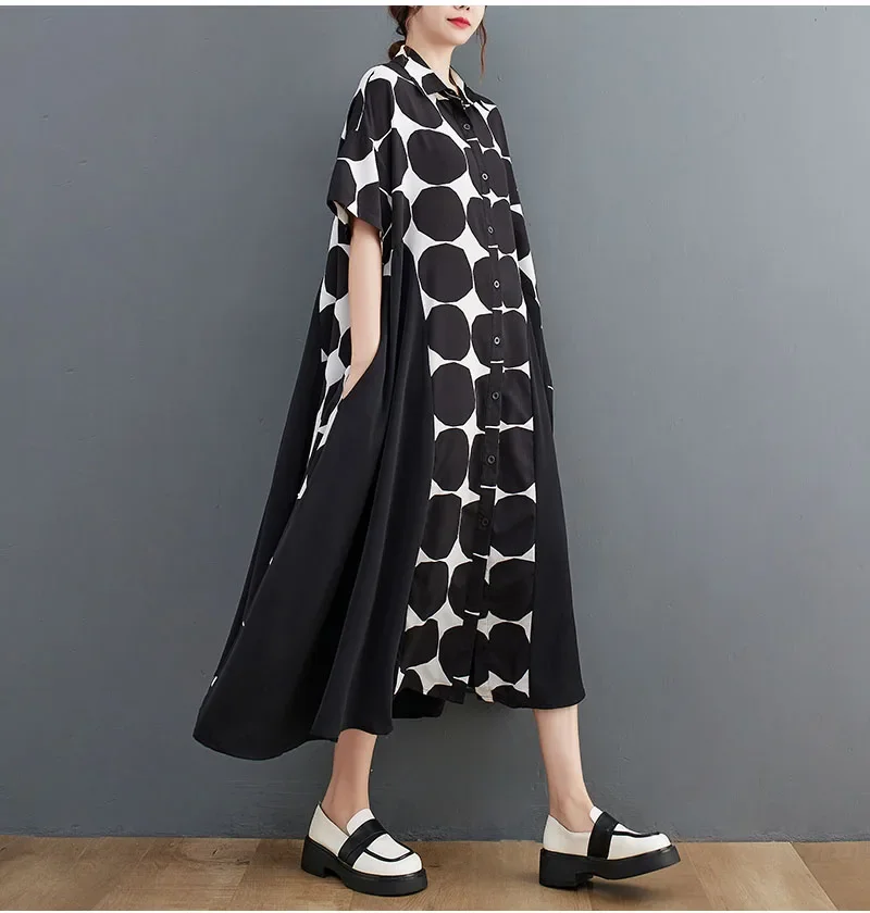 Платье-рубашка в горошек с коротким рукавом летучая мышь