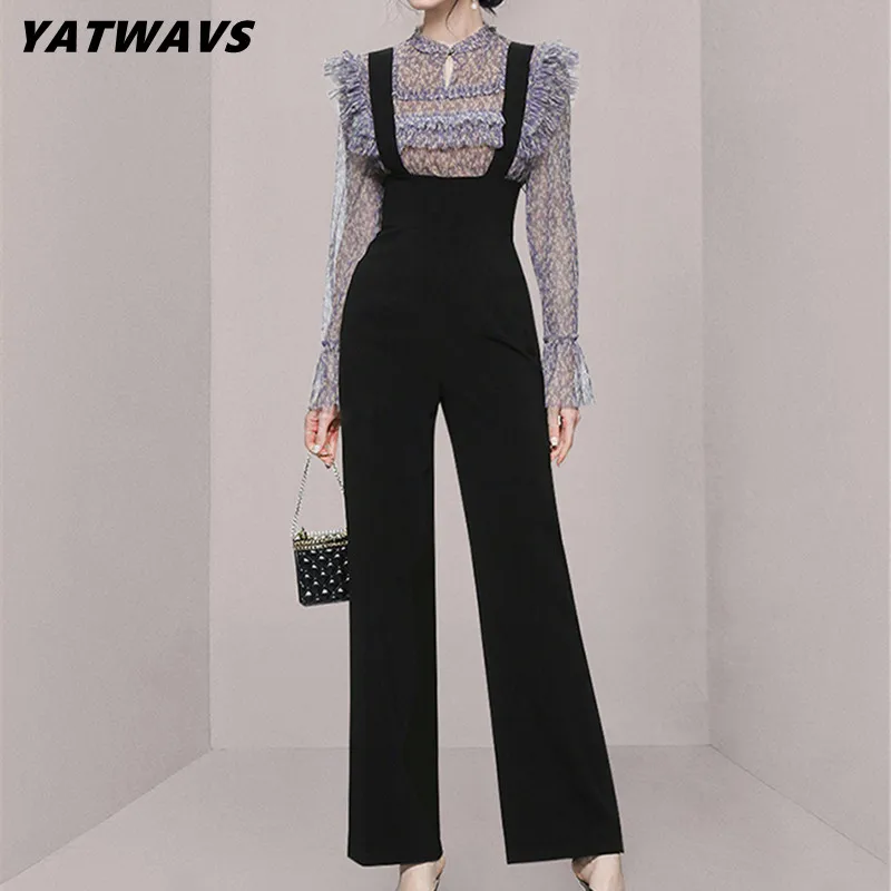 

Fashion Office Women Two Piece Set Autumn Ladies Stand Collar Ruffes Tops+High Waist Rompers Female Designer Suit
