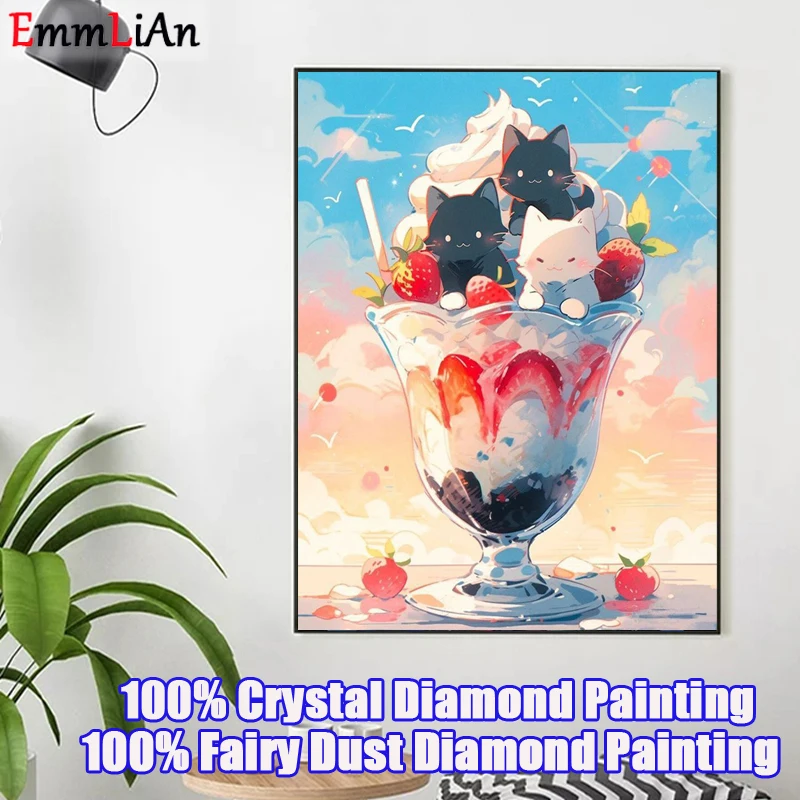 Картина 5D кристаллы алмазы сделай сам с мультяшным котом чашкой для мороженого