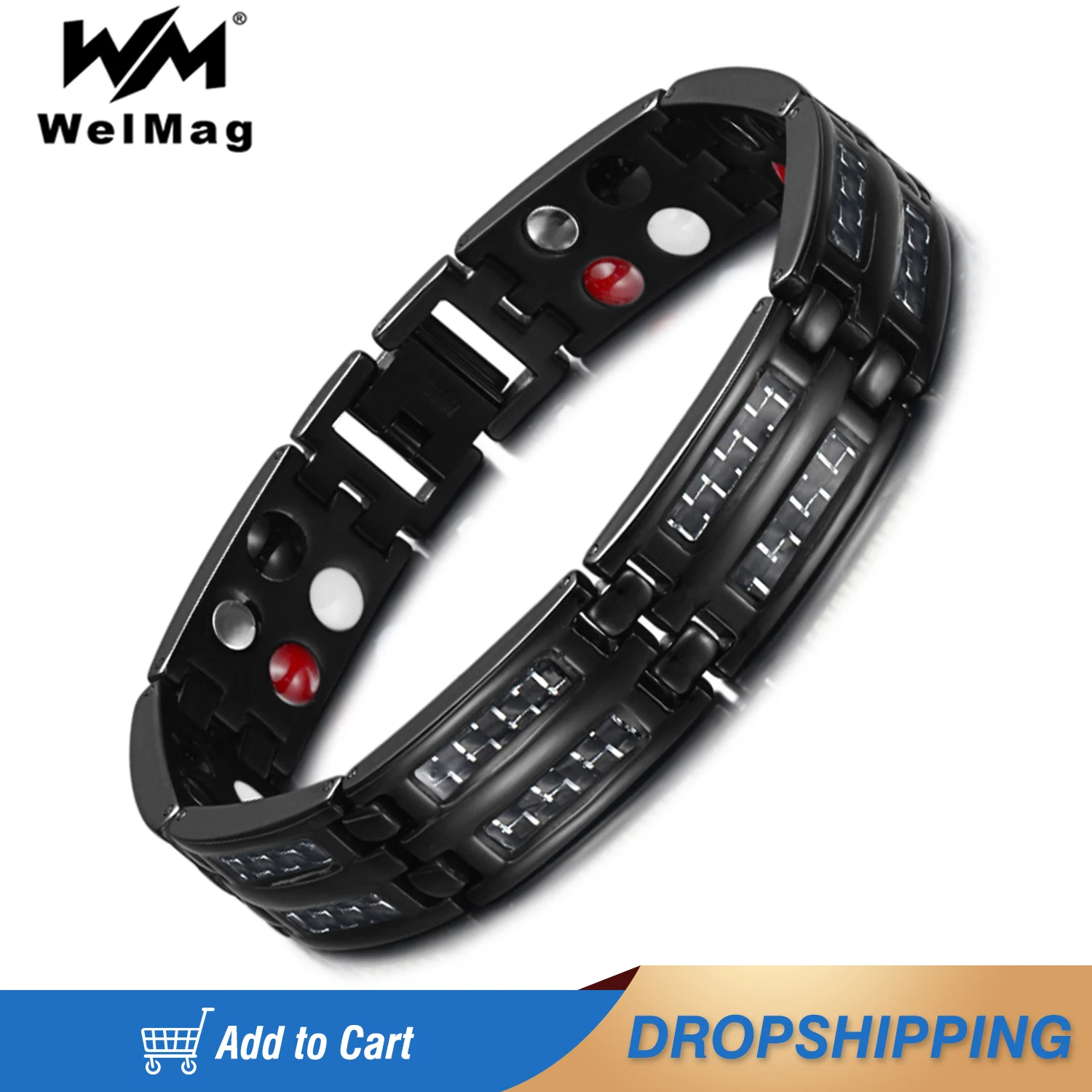 

WelMag Black Bracelet For Men Titanium Carbon Fiber Double Row Health Care Healing Magnetic Bracelets Homme Hand Chain Jewelry