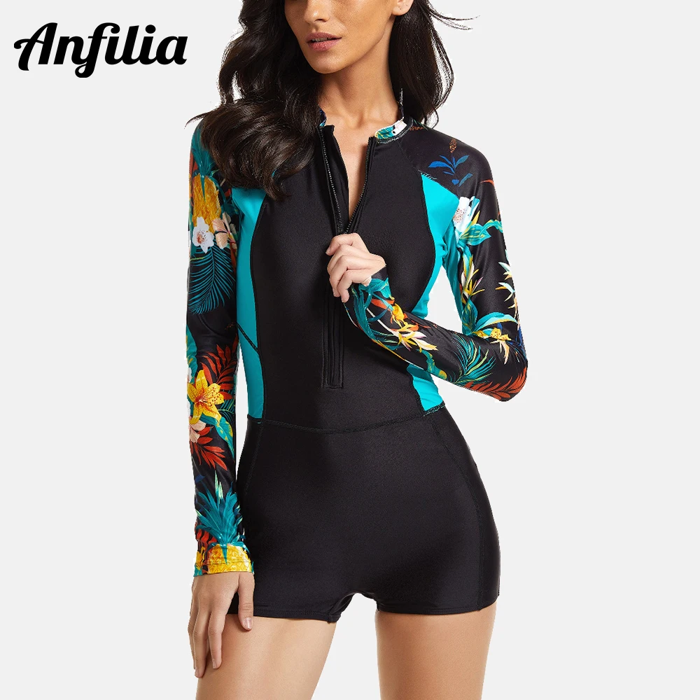 

Anfilia Women One Piece Rash Guard Long Sleeve Zipper Surf Suit Swimsuit Boxer Bathing Suit Swimming Wear UPF 50+