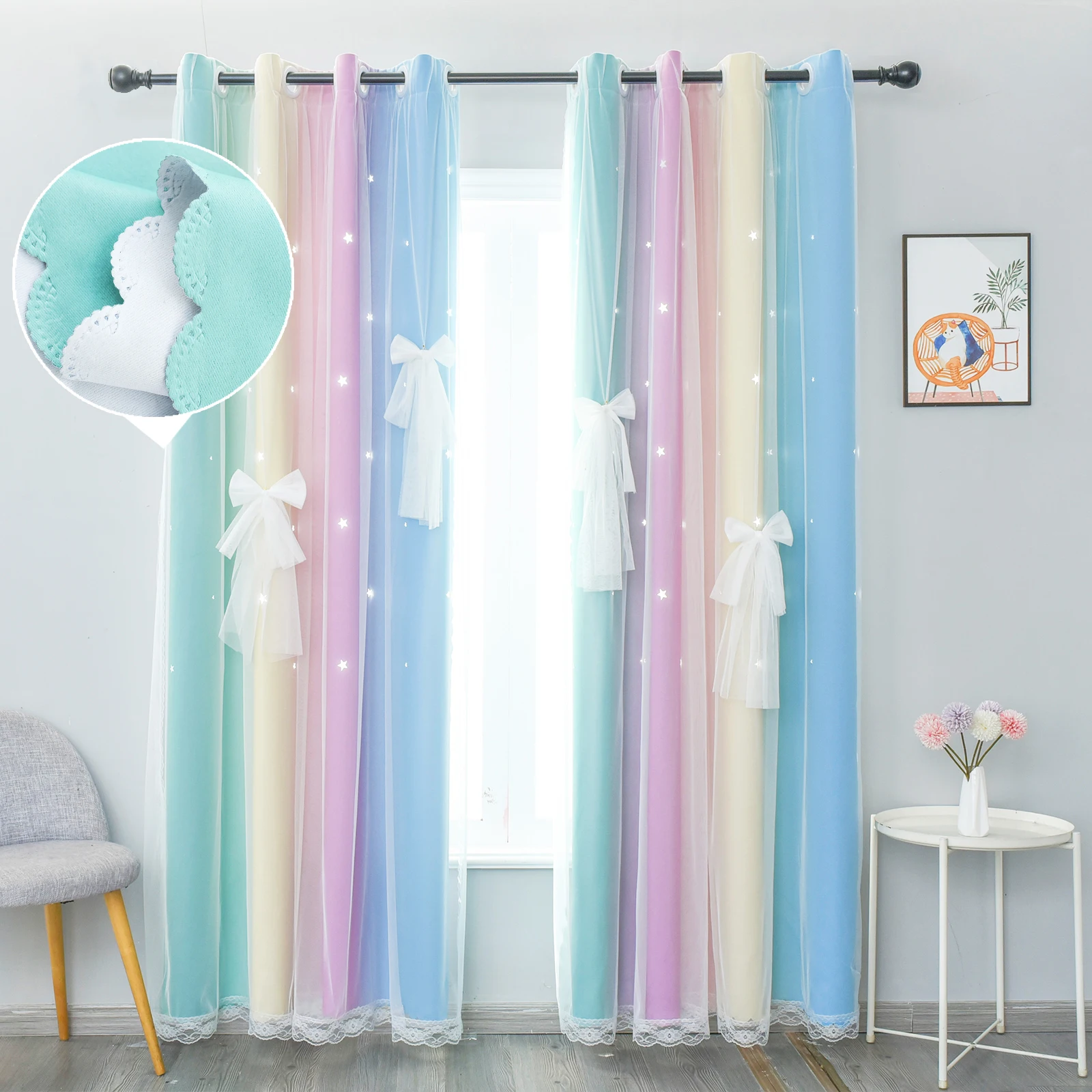 

1/2 Panels Ombre Shiny Stars Blackout Curtains For Kids Bedroom Living Room Decoration Double Layer Gradient Sheer Window Drapes