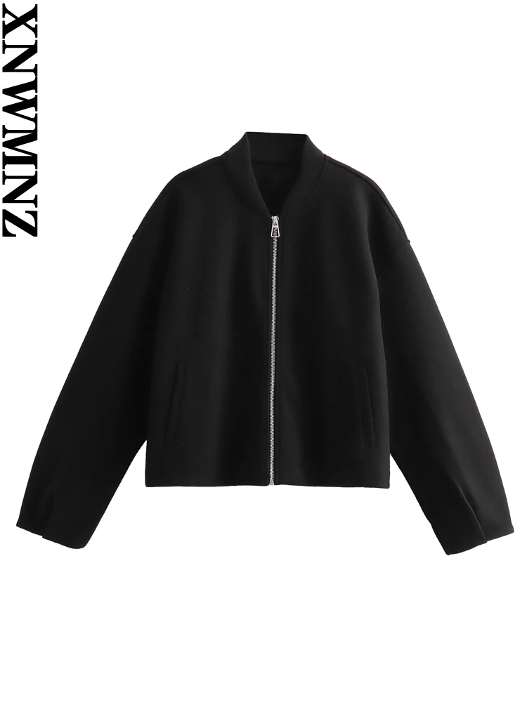 

XNWMNZ Женская мода 2023 осень/зима пробка мягкая куртка-бомбер женская О-образный вырез длинный рукав молния универсальное Женское пальто