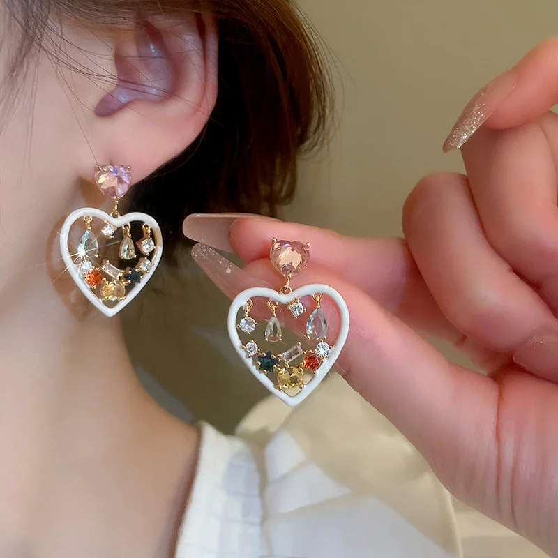 

Minar Korean Fashion Candy Color CZ Cubic Zircon Heart Dangle Earrings for Women Big Hollow Love Hanging Earring Wedding Jewelry