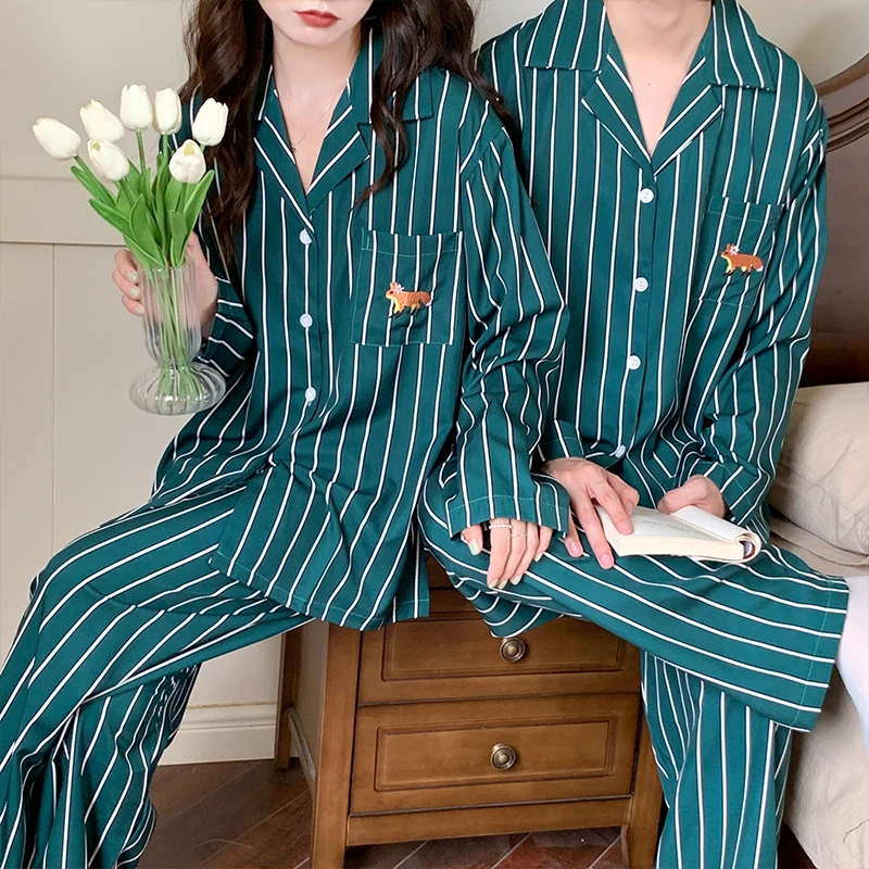 CAIYIER 2022 Korean Couple Pajamas Set Cartoon Stripe Dog Sleepwear For Men & Women Nightwear Autumn Winter Lovers Loungewear