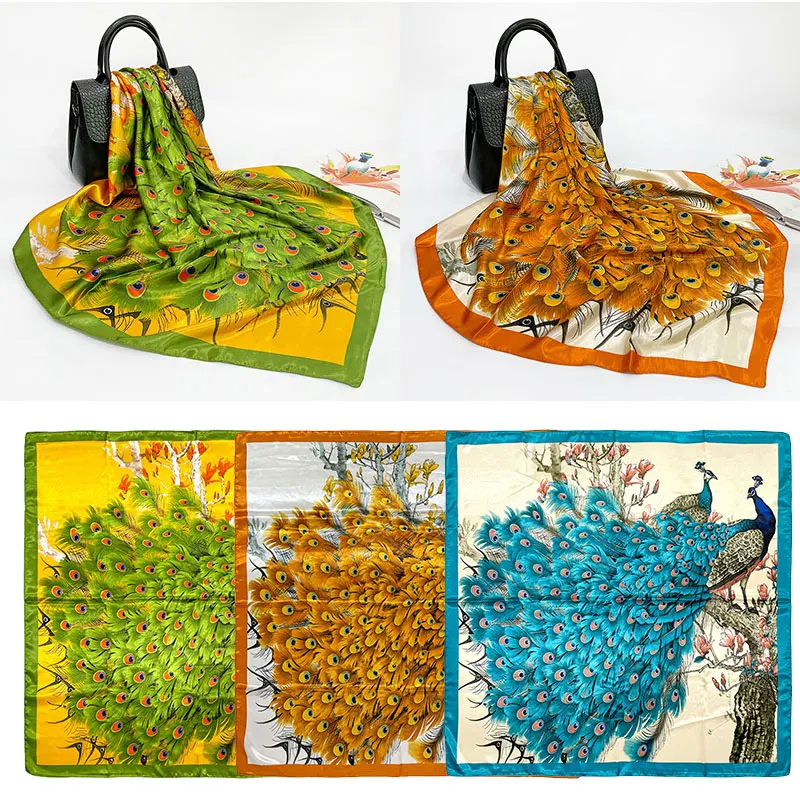 

90x90cm Fashion Peacock Print Square Scarf Bandana Beach Sunscreen Pack Headscarf Smooth Silk Satin Hijab Head Scarves Shawl