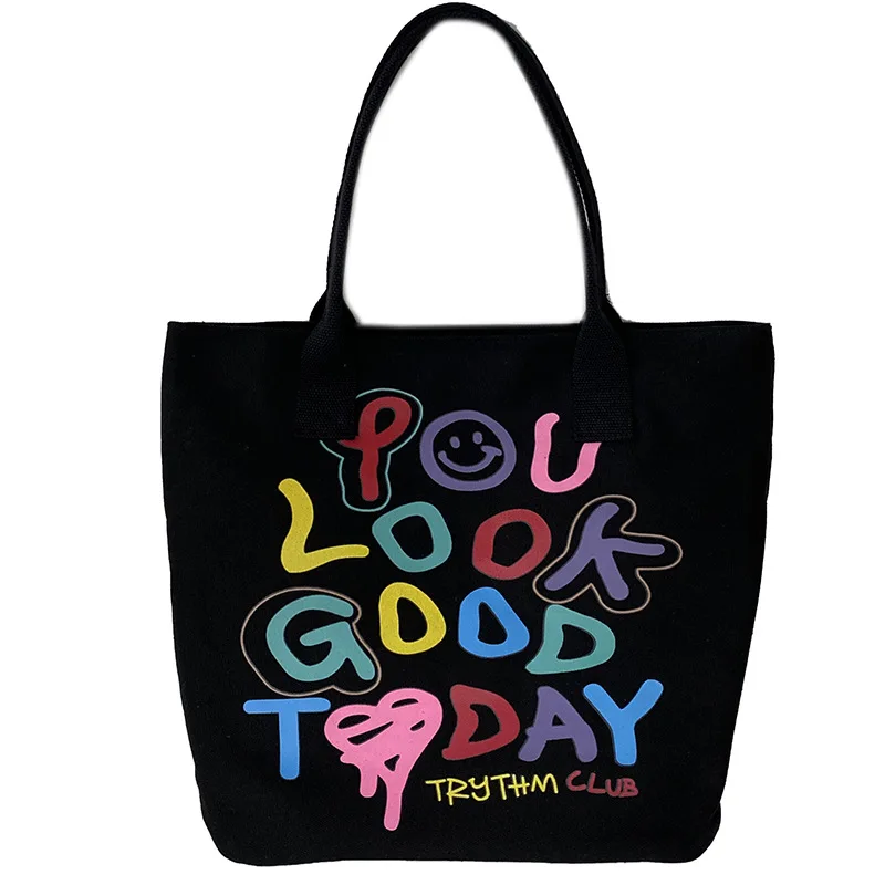 

Fashion Print Rainbow Shoulder Bag Letter Smiley Women Canvas Tote Bag