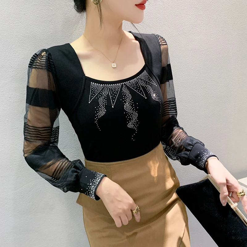 

Real Photos Square Collar Cotton TShirt Women Patched Lace Full Lantern Sleeve Black Slim T-shirts