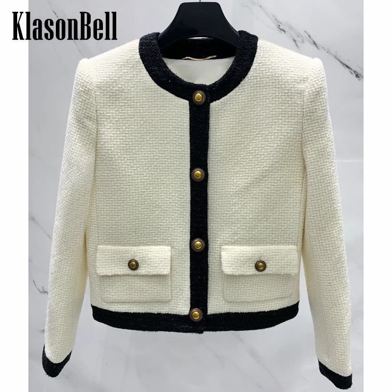 

7.14 KlasonBell Fashion Contrast Color Single Breasted Wool Tweed Jacket Women