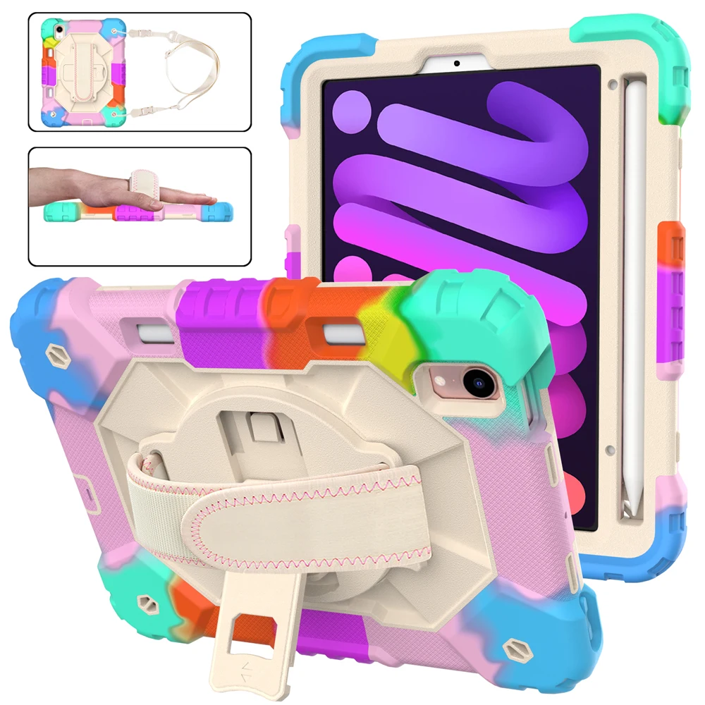 

For iPad Mini 6 Case Shockproof Rugged Cover with Pencil Holder Kickstand Hand Shoulder Strap for iPad Mini 6 8.3 2021 Kids Case