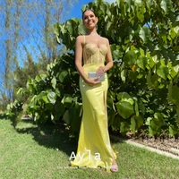 sexy spaghetti straps prom dresses advanced yellow satin prom gowns sexy open back maxi robes de soir%c3%a9e vestidos de noche