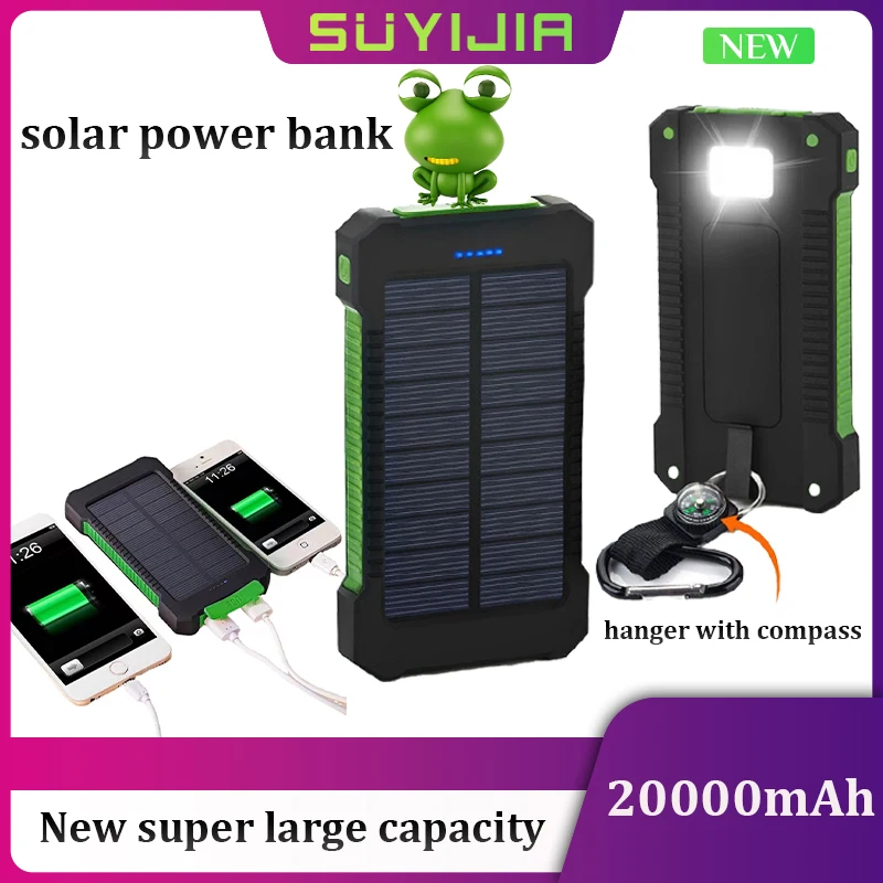 

Solar Power Bank 20000mAh Universal Mobile Phone Super Large Capacity Outdoor Compass Power Bank LED Distress Light USB Dc-5v