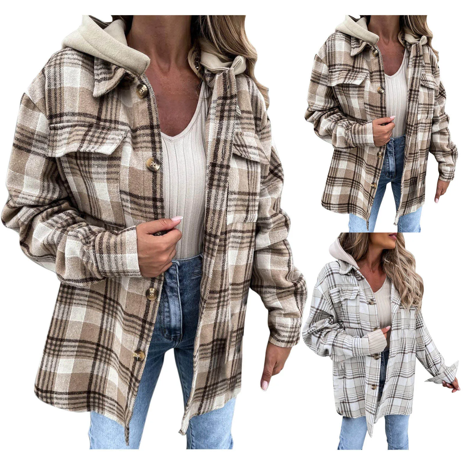 

Женское повседневное пальто с капюшоном (съемный) в клетку на пуговицах, рубашка с длинным рукавом, куртка с карманами