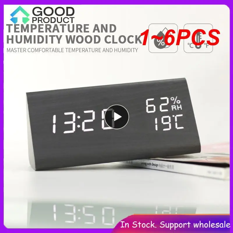 

1~6PCS Desk Digital Clock Wooden Alarm Clock Wireless Charging Clok for Table Bedroom Office LED Display Thermometer Humidity