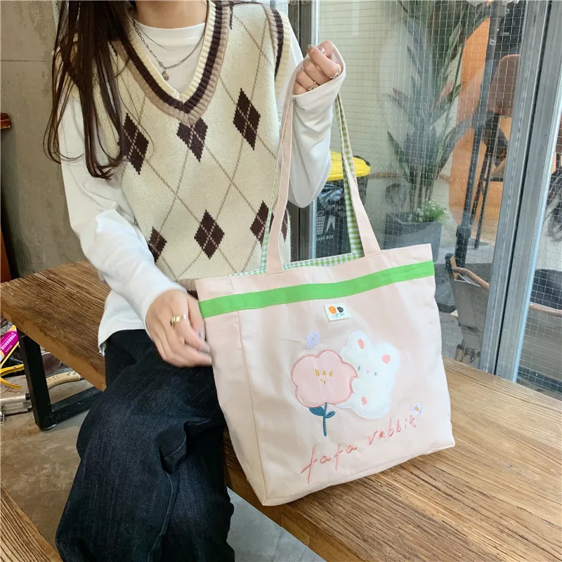 

Women Canvas Shopping Bag Cartoon Print Female Cotton Cloth Shoulder Tote Bag Large Handbag Eco Reusable Grocery Shopper Bags