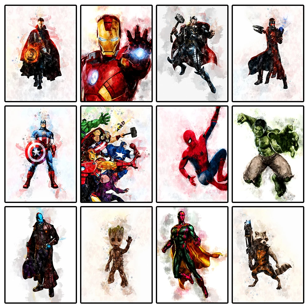 

Marvel Wall Art Poster Avengers Spiderman Captain America Iron Man Superhero Watercolor Canvas Painting Home Kids Bedroom Decor