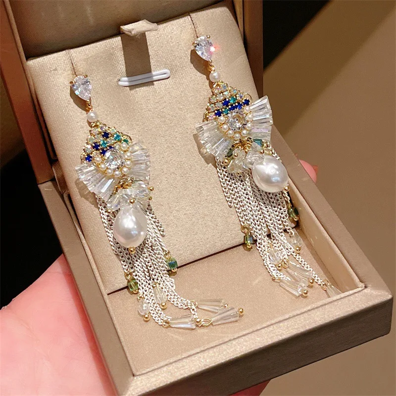 

Zircon Crystal Pearl Bow Earrings Boho Water Drop Tassels