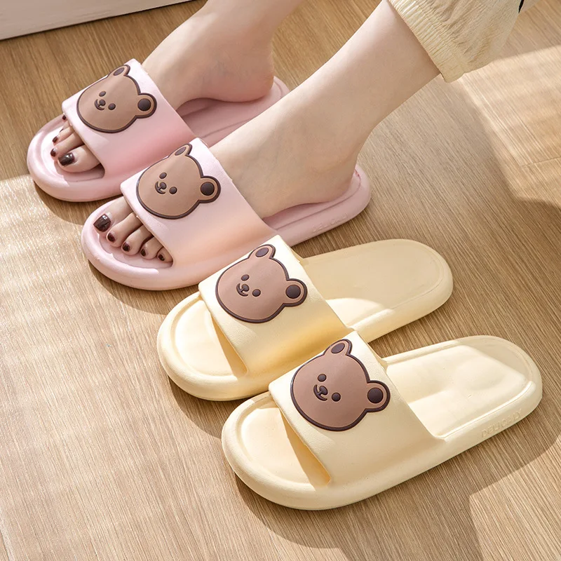 

Women Cartoon Bear Decor Single Band EVA Slippers Solid Color Platform Beach Slides Home Badroom Men Soft Comfy Klein Blue Shoes