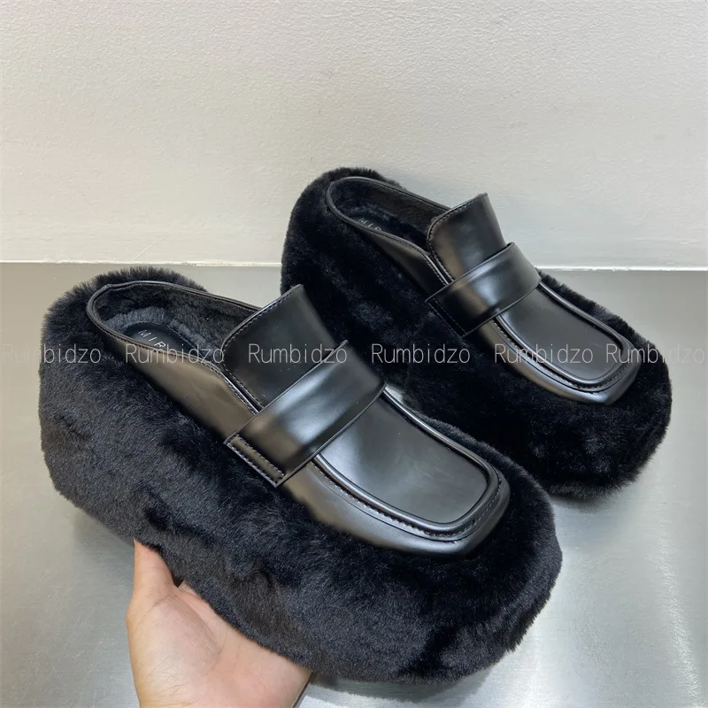 

Winter Wedges Square Toe Super High Heel Women Leather Slippers Platform Short Plush Bottom Home Loafers Shoes Slip on Slides