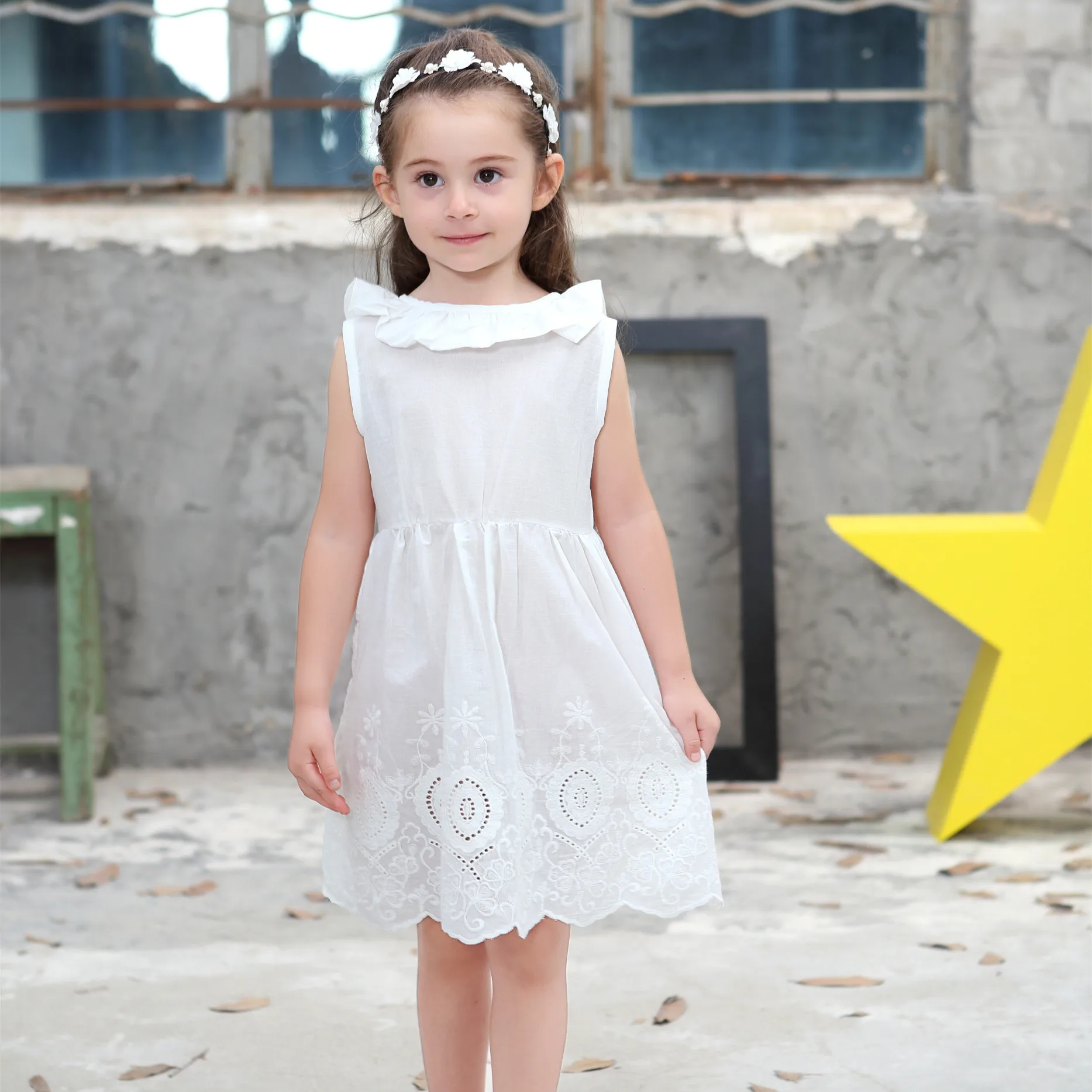 girls V back dress pure cotton hollow lace bow tie white princess | Детская одежда и обувь