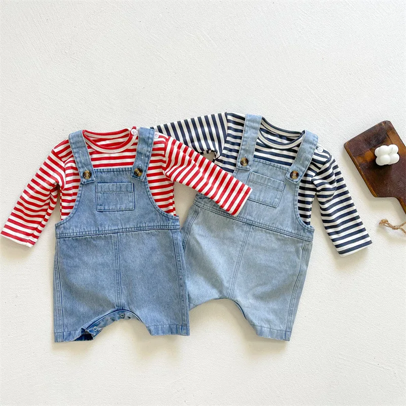 2021 New Baby Sleeveless Romper Infant Boy Denim Jumpsuit Fashion Toddler Overalls With Striped T Shirts Autumn Kids Clothes Set