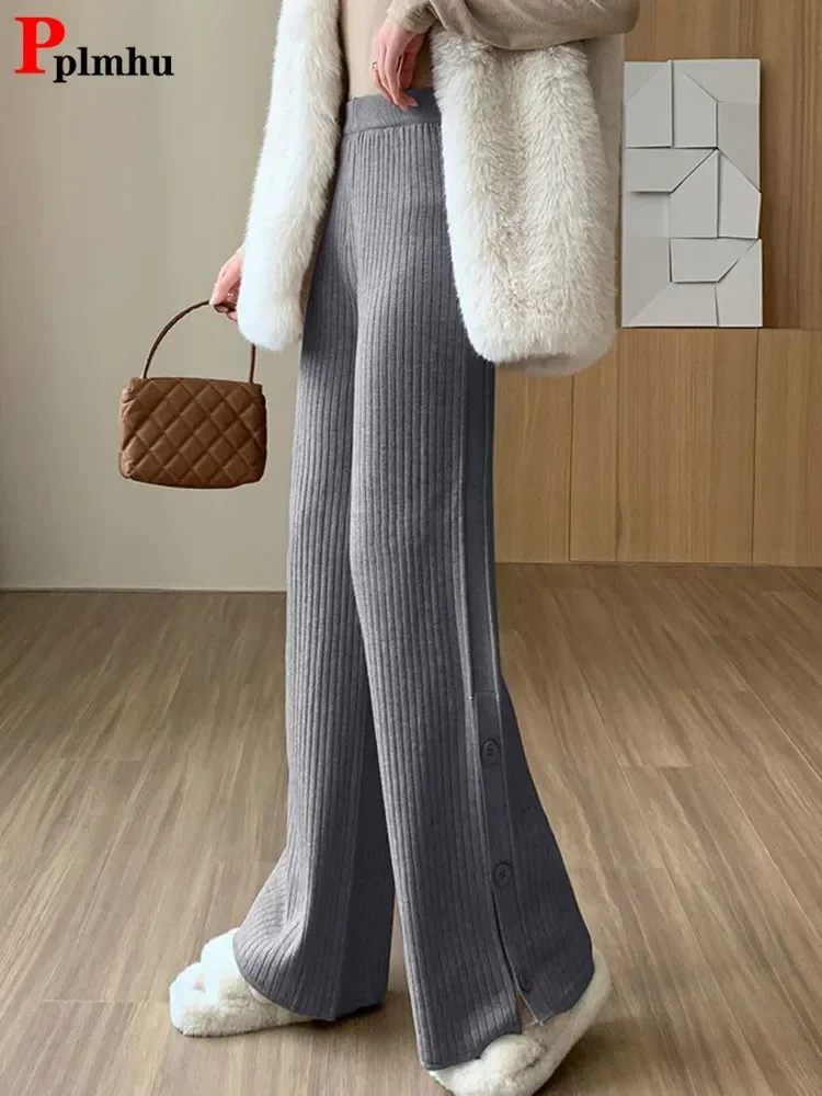 

Womens Knitted Split Wide Leg Pants Autumn Winter Warm Korean Fashion Pantalones Baggy Casual High Waist Thick Straight Trousers